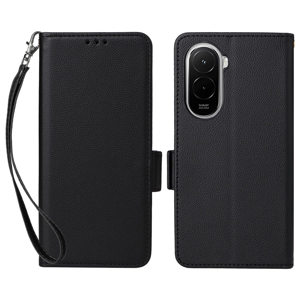 For Xiaomi Poco M7 Plus 5G/Poco M7 4G (169mm) Case Litchi Texture Wallet Leather Phone Cover with Wrist Strap