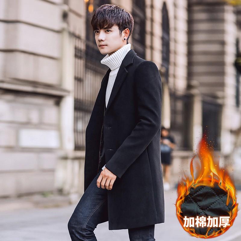2019 Mens Wool Blend Coat Slim Fit Mid-Length Overcoat Thick Warm Winter Outerwear