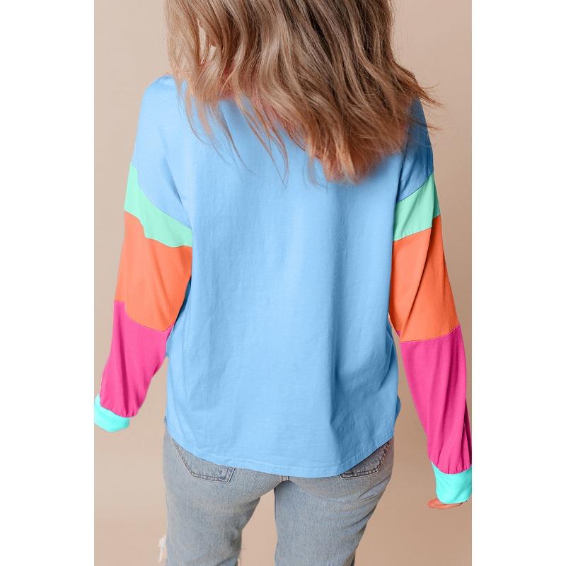 YYFS Damenmode, lässig, Frühling, Herbst, Farbblockdruck, langärmelig, O-Ausschnitt, Blusen & Hemden