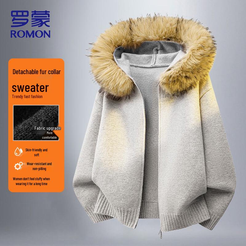 ROMON Men s Detachable Hood Fur Collar Cardigan Sweater XL