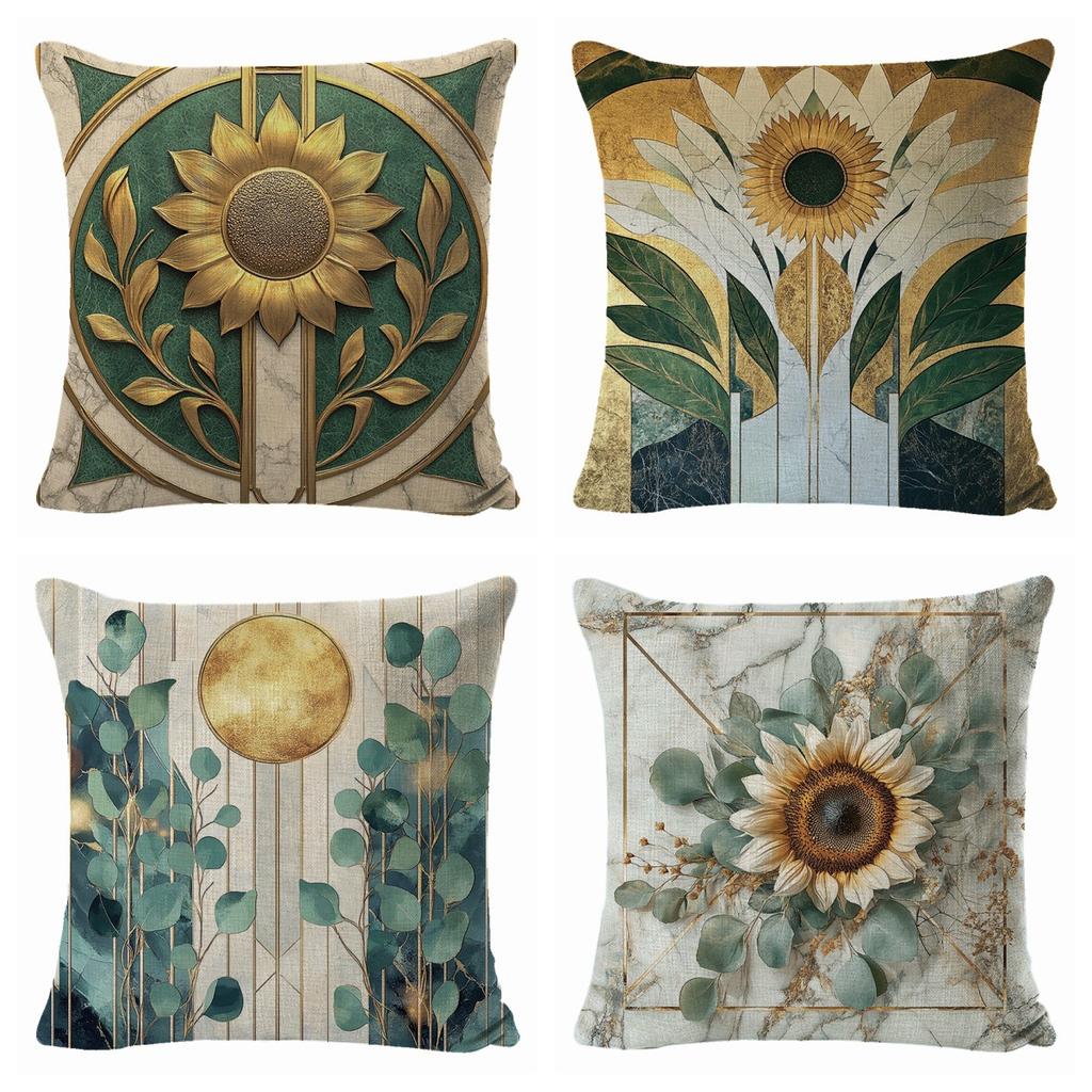 New Four-piece Set of Sunflower Linen Pillowcases and Pillows for Seasonal Festivals with Labels