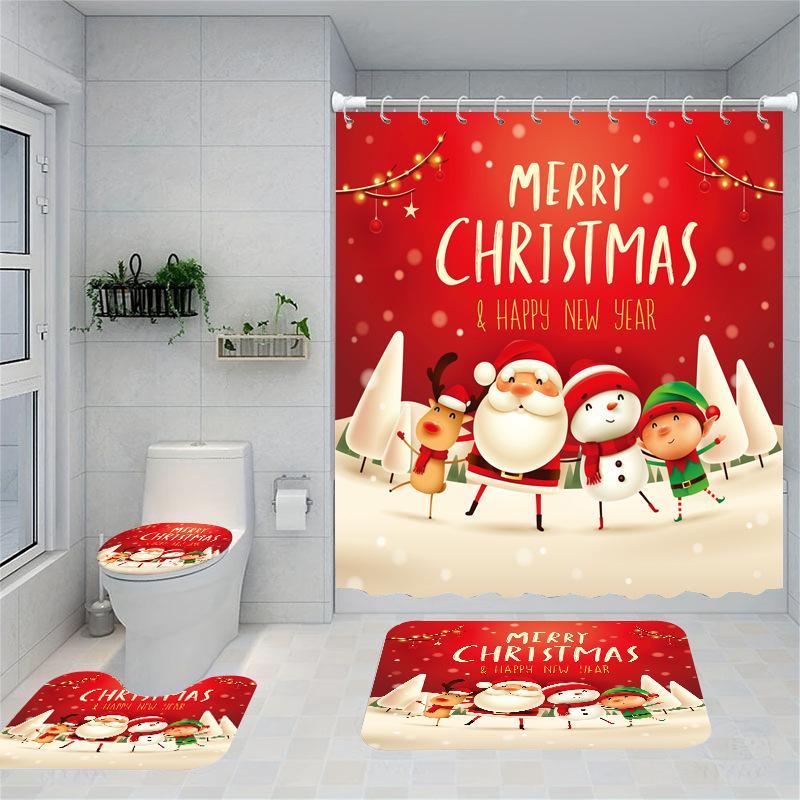 Christmas Series Shower Curtain Digital Printing Bathroom Shower Curtain Four-Piece Polyester Shower Curtain