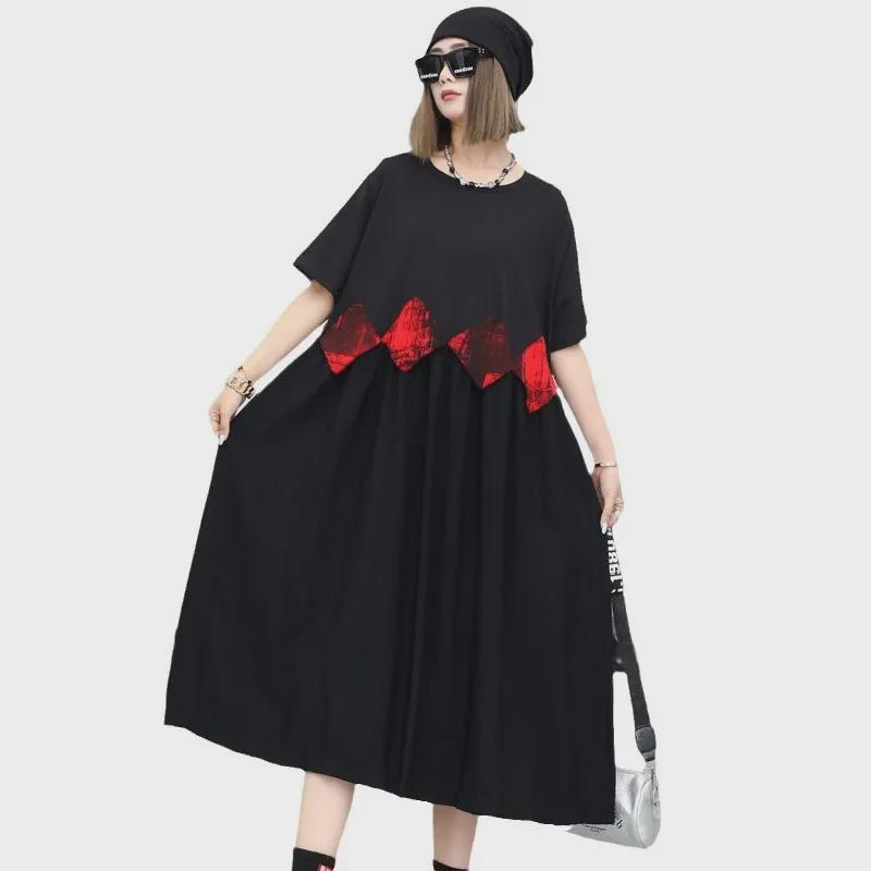 2024 Plus Size Women’s Summer Mid-Length Color Block Short Sleeve Loose Dress