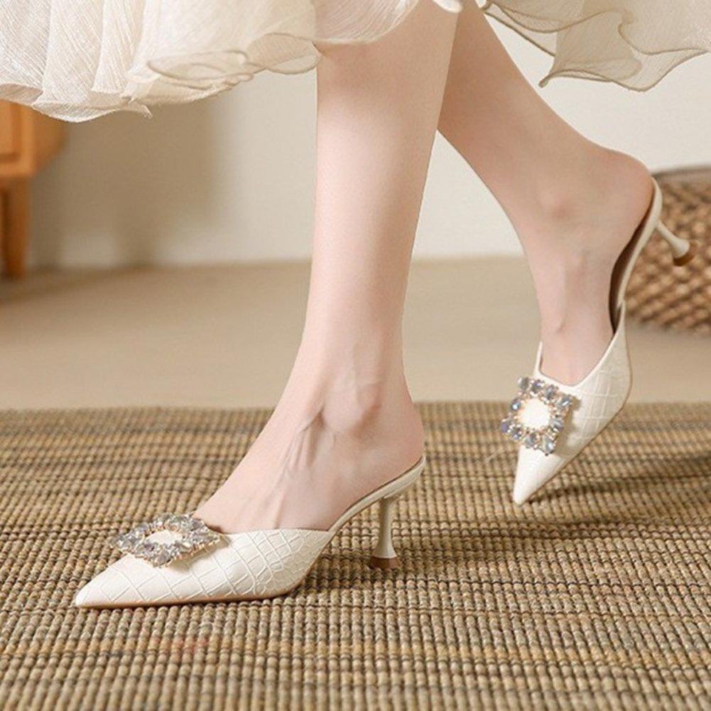 Fashion Women's Small Size Slippers 34-39 New Pointed Head Rhinestone Fine Heeled Sandals Banquet Elegant High Heels Baotou French Shoes