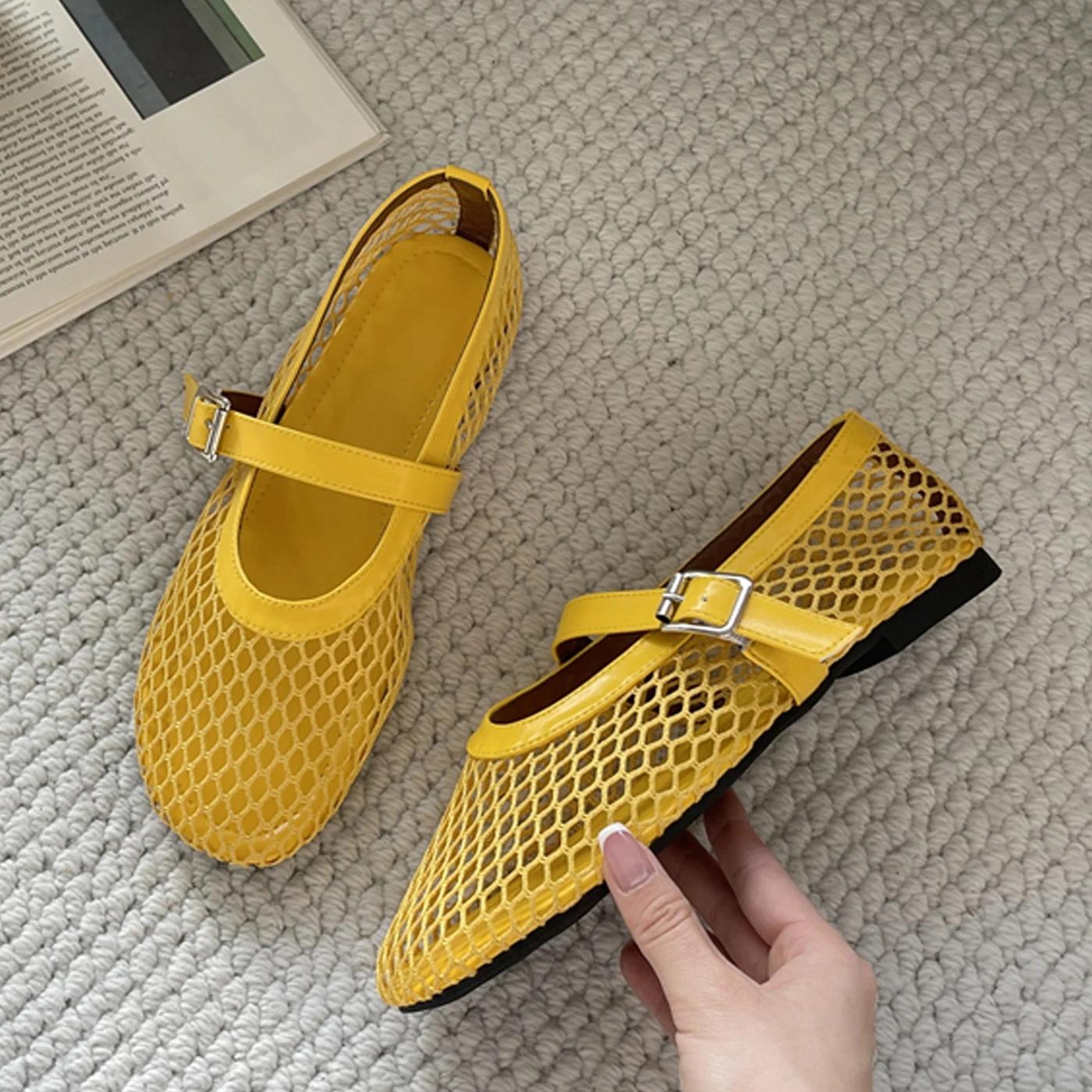 

Eilyken Summer Designer Cosy Mesh Heels Women Flat Shoes Fashion Round Toe Buckle Strap Casual Outdoor Dress Sandals 35 жовтий
