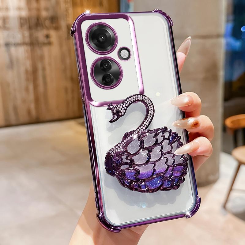 KEYSION Shockproof Plating Phone Case for OPPO Reno11 F 5G Clear TPU Glitter Jewelled Swan Kickstand Back Cover for OPPO Reno11F 5G