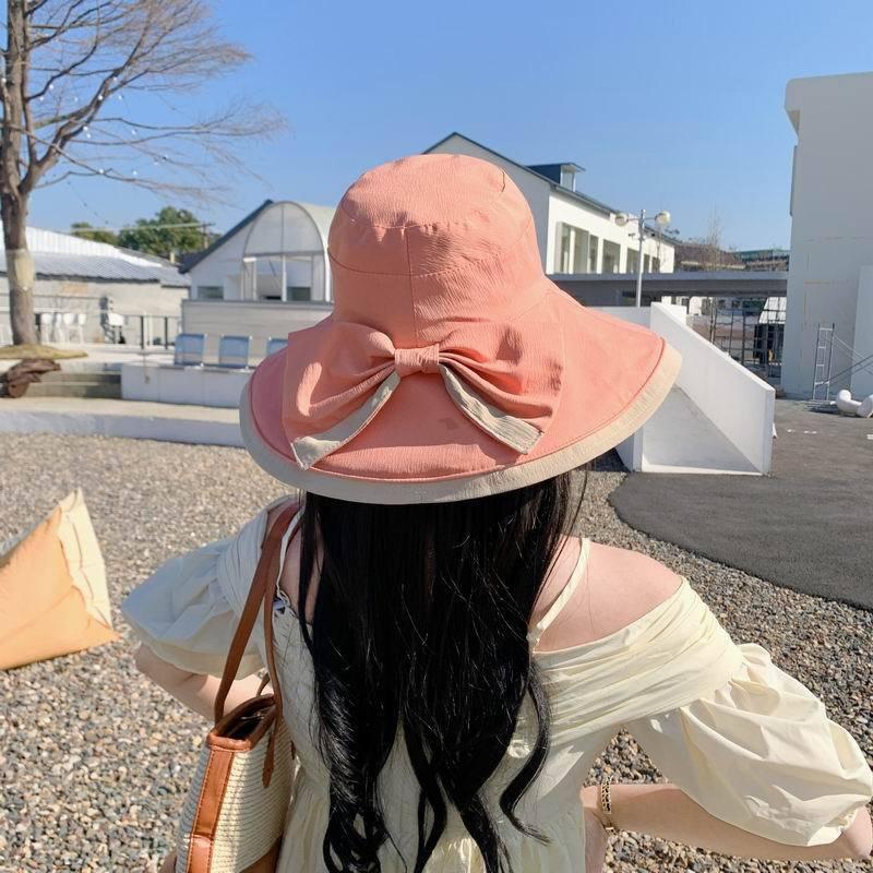 Fisherman's Hat Women's Colored Glue Sunscreen Bow Splicing UV Protection Basin Hat Big Edge Sun Hat