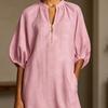 Robe d'été en coton et lin pour femme Robe tunique longue décontractée à manches courtes bouffantes Fermeture éclair Col rond Coupe ample Robe de vacances avec poches
