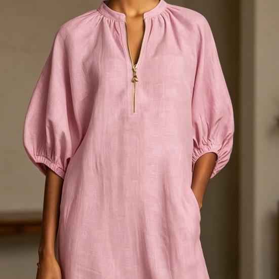 Robe d'été en coton et lin pour femme Robe tunique longue décontractée à manches courtes bouffantes Fermeture éclair Col rond Coupe ample Robe de vacances avec poches