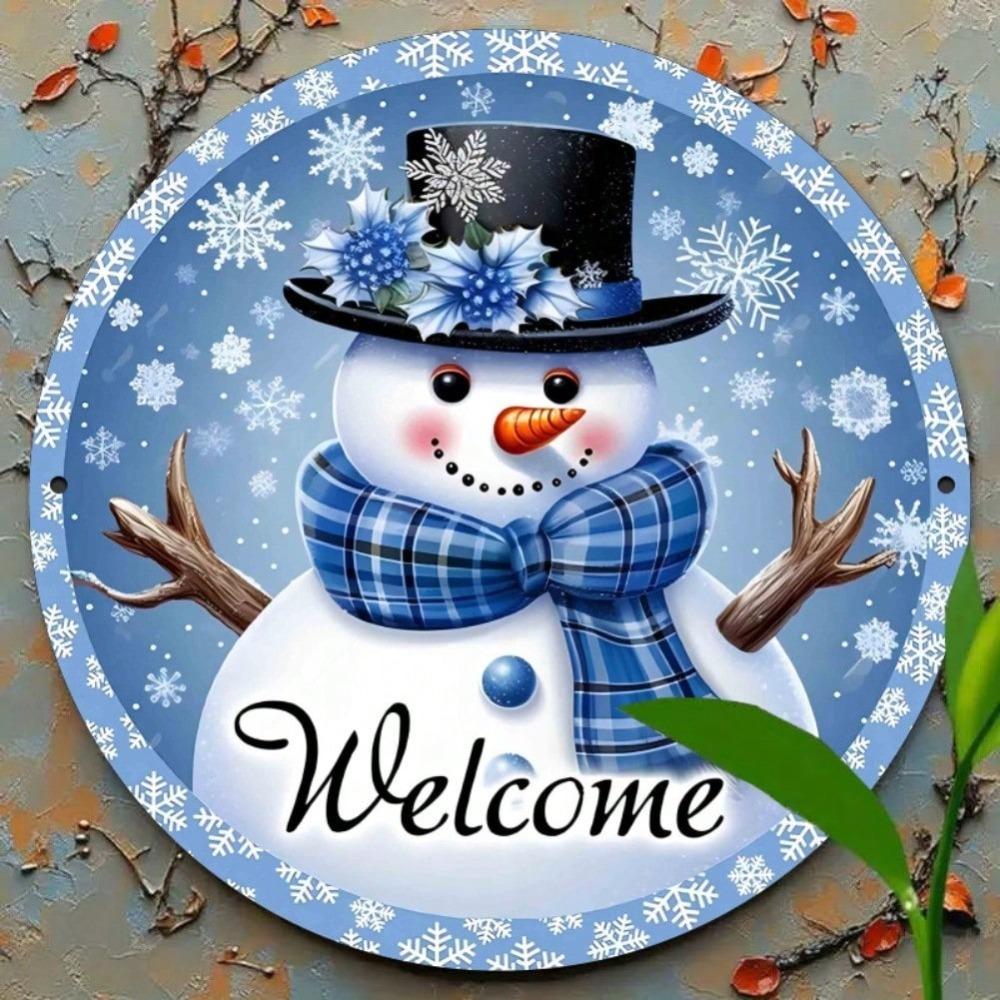 Snowman Iron Wall Art Round Metal Sign Outdoor Indoor Welcome Plaque Blue Decor 8 Inch Home Gift