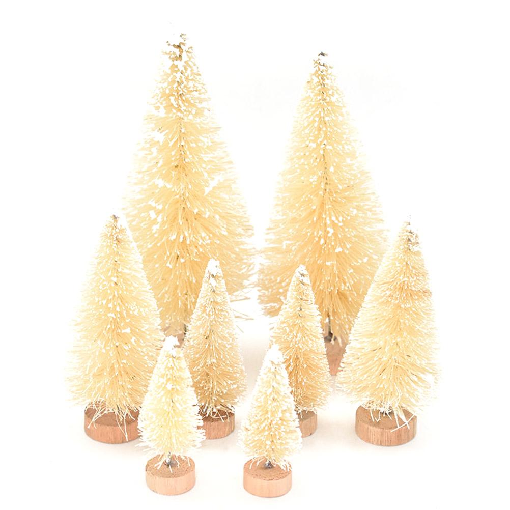 8PCS Mini Christmas Pine Tree Decorations with Wooden Base Sisal Silk Bottle Brush Trees For Xmas Party Happy New