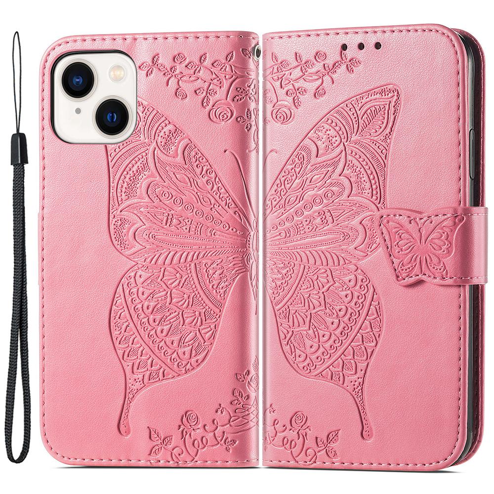 

For iPhone 15 Butterfly Imprinted Phone Leather Case Wallet Stand Phone Cover Pink