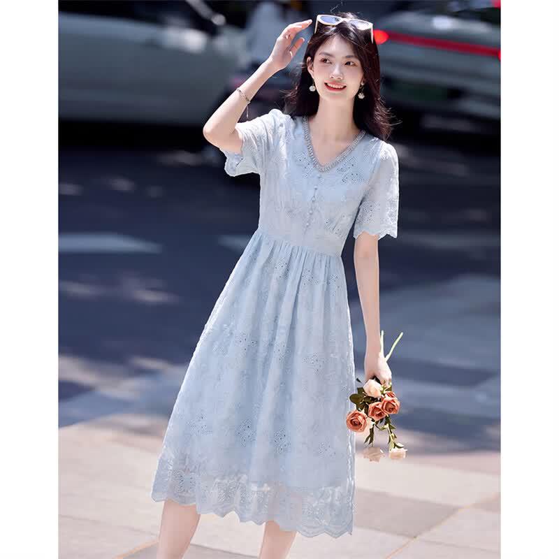 Sweet Beaded Embroidered Short Sleeve Midi Dress