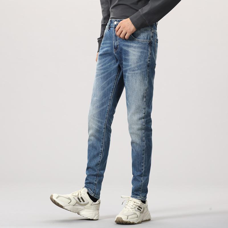 Primăvară New Small Feet Trend Jeans cu talie medie Pantaloni slim pentru bărbați cu elastic