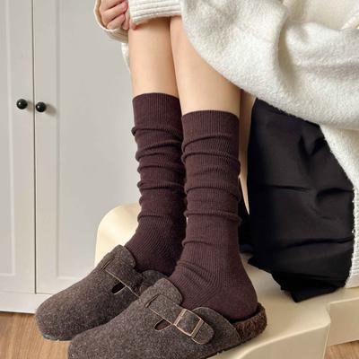 Solid Color Wool Calf Socks Warm Socks Thin Strip Coffee-Colored Long Tube Thickened Soft Waxy And Thin Stacking Socks