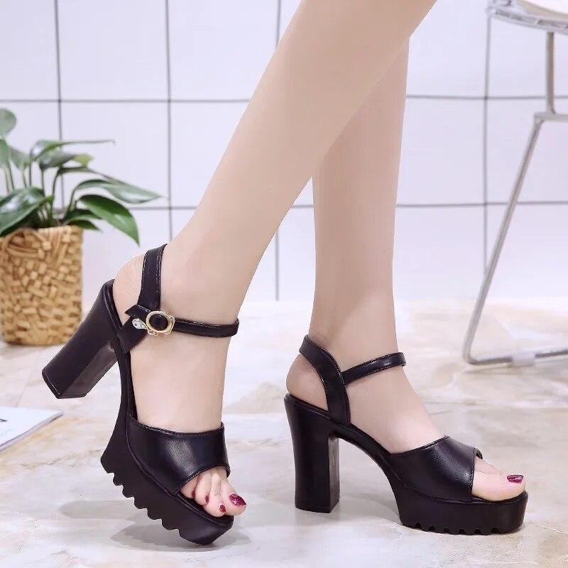 Sandali con tacco alto e plateau a bocca di pesce da donna, con zeppa e fibbia, scarpe da donna, sandali con tacco alto e plateau da donna