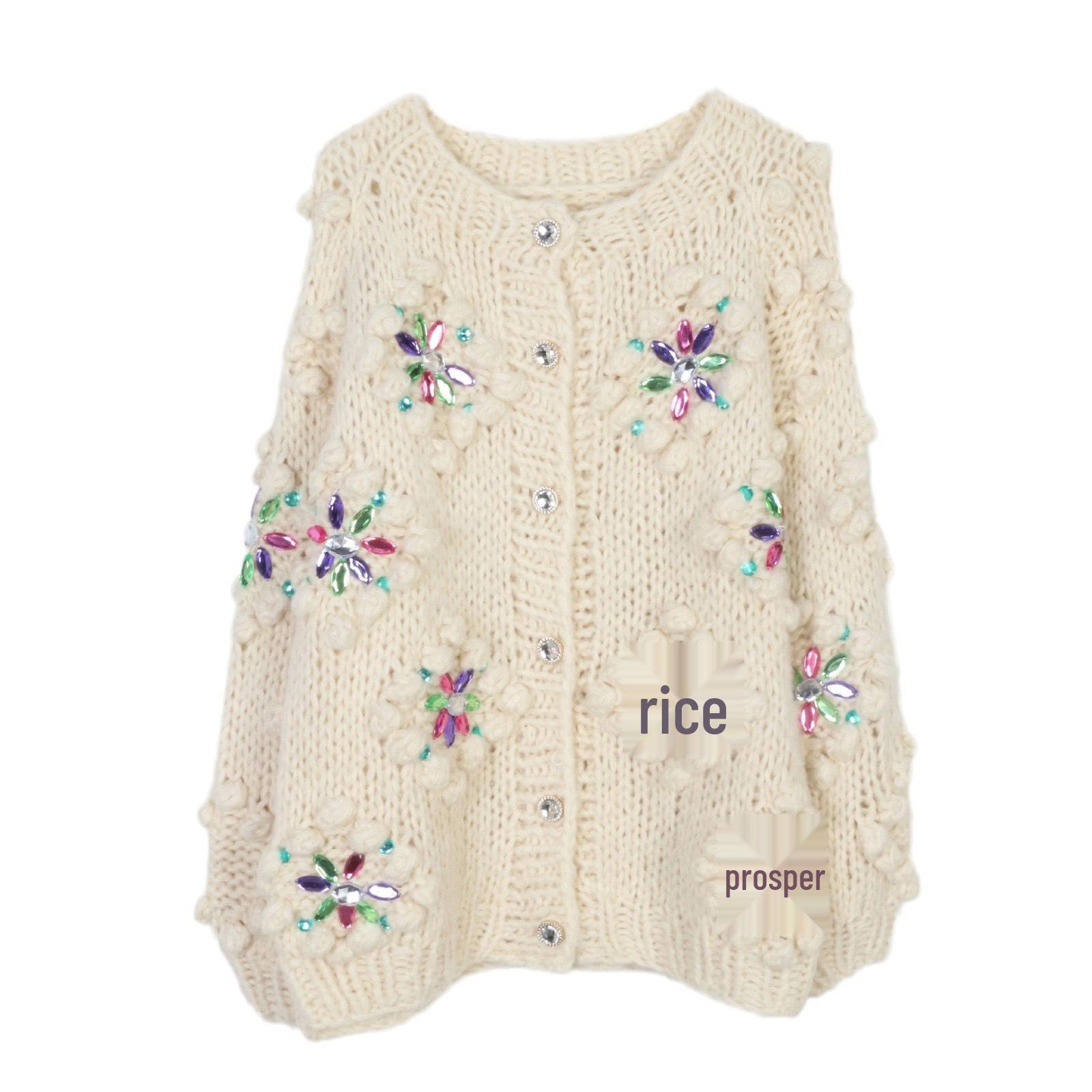 

Женский вязаный кардиган с тяжелой вышивкой, цветочным узором и помпонами для осени/зимы 2024 Medium