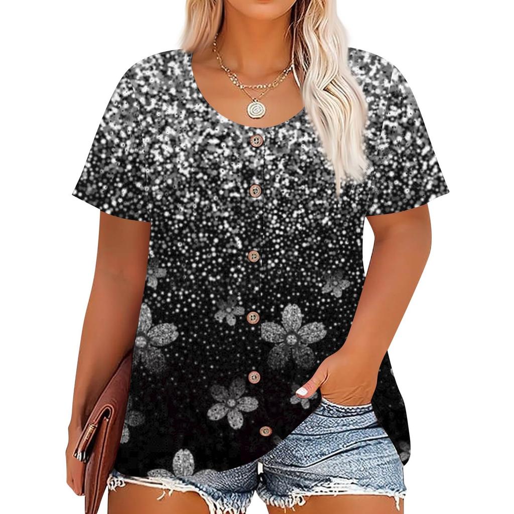 Plus Size Women's Fashion Casual Vintage Printed O-Neck Short Sleeve Button T-Shirt Top