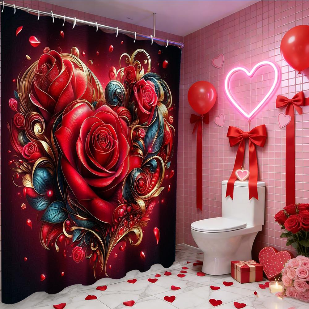 Valentine's Day Love Heart Rose shower curtain, bathroom shower waterproof curtain with 12 hooks, fish shaped home decoration