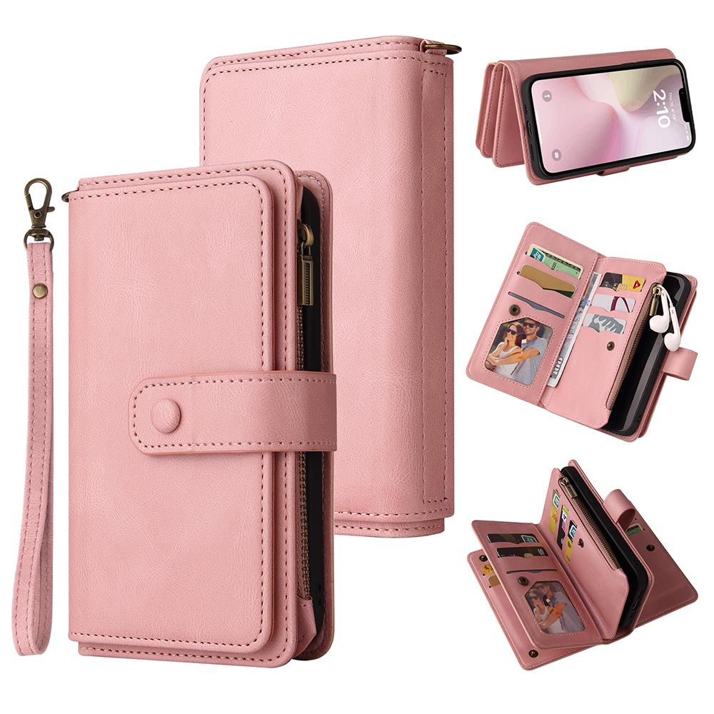 For iPhone 16e Zipper Wallet Case with 15 Card Slots and Strap Leather Phone Cover