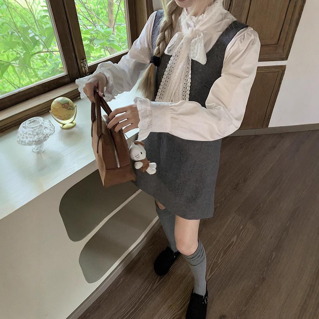French Bow Lace-up Long-sleeved Shirt Woolen Vest Dress Women's Autumn New Fashion Suit Trendy