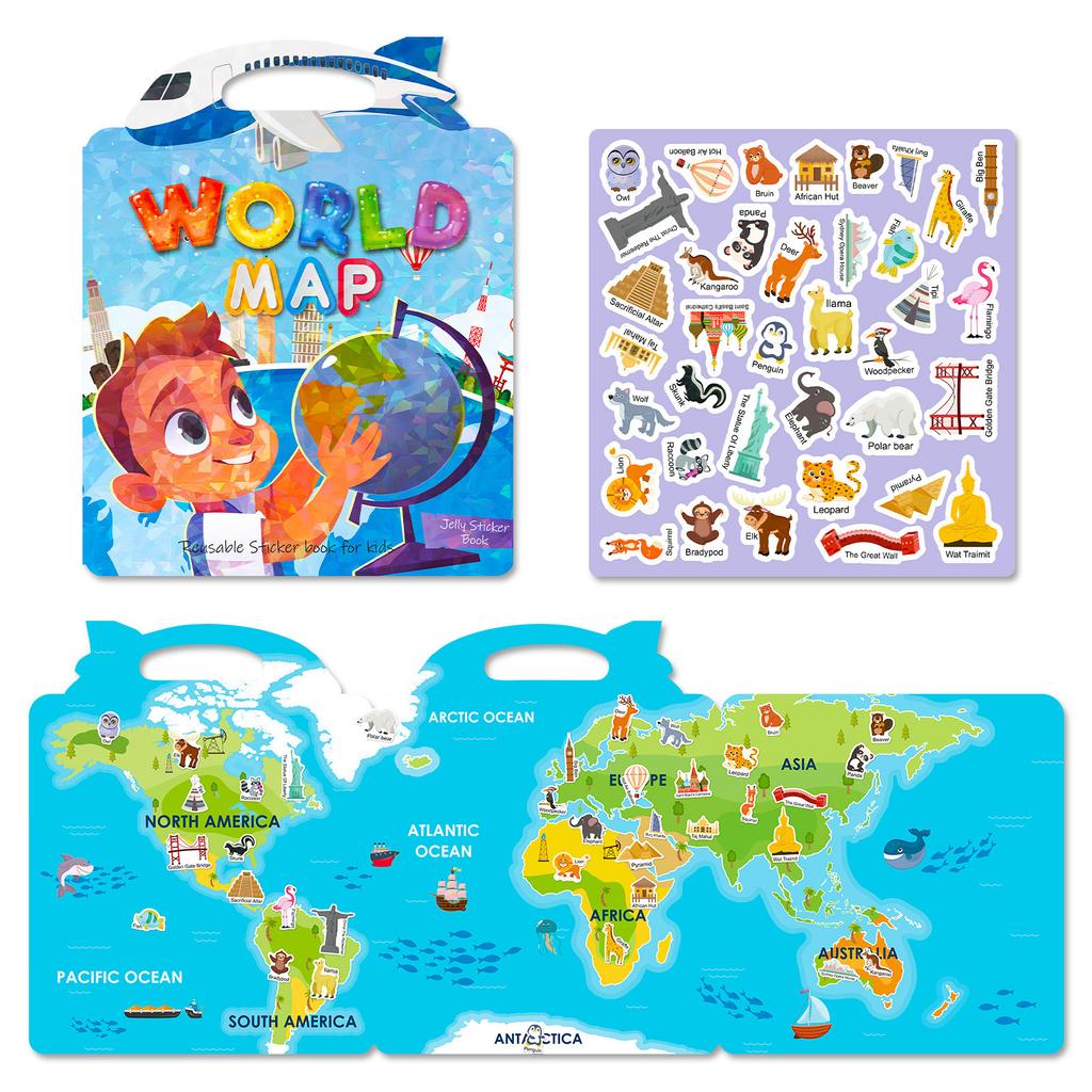 Children'S Early Education Cognition World Map Sticker Concentration Training Can Be Repeatedly Pasted Portable Jelly Sticker Book