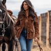 Women's Turn Down Collar Long Sleeve Loose Fit Suede Jacket Solid Color Button Pocket Vintage Western Style Fall Casual Outerwear Coat