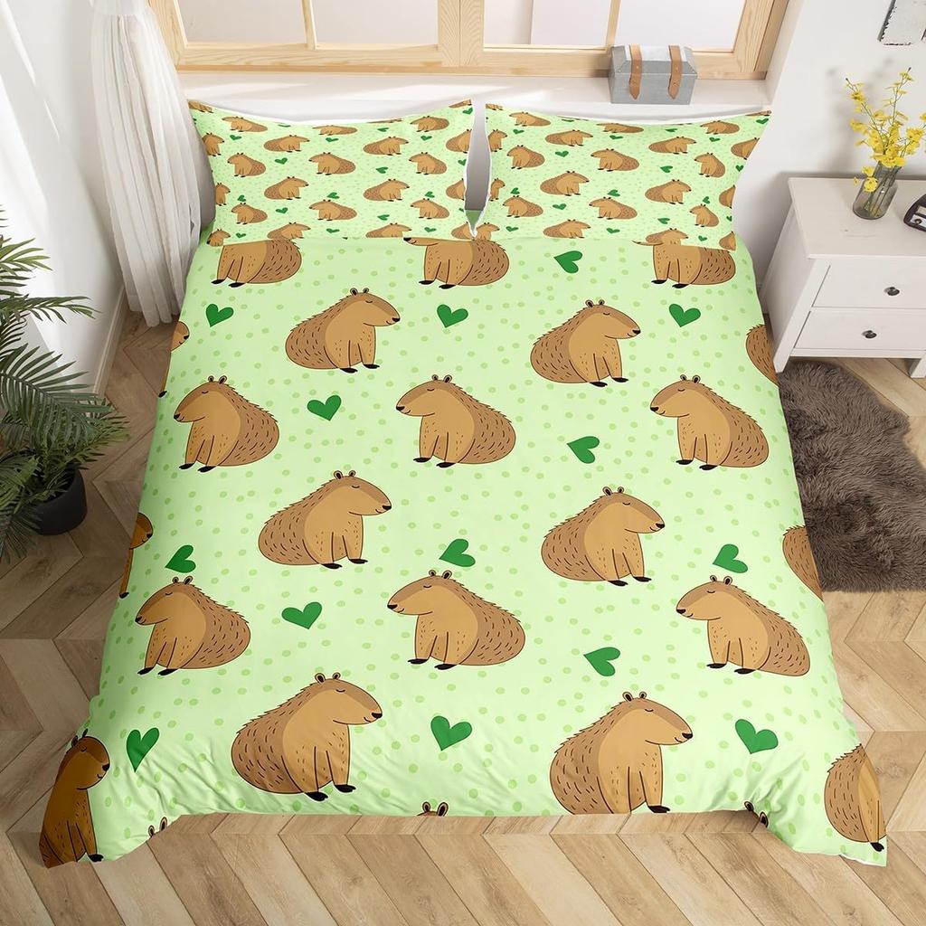 Cartoon Capybara Duvet Cover Twin Queen Toddler Botanical Leaves Funny Animal Bedding Set Graffiti Sketch Lines Comforter Cover