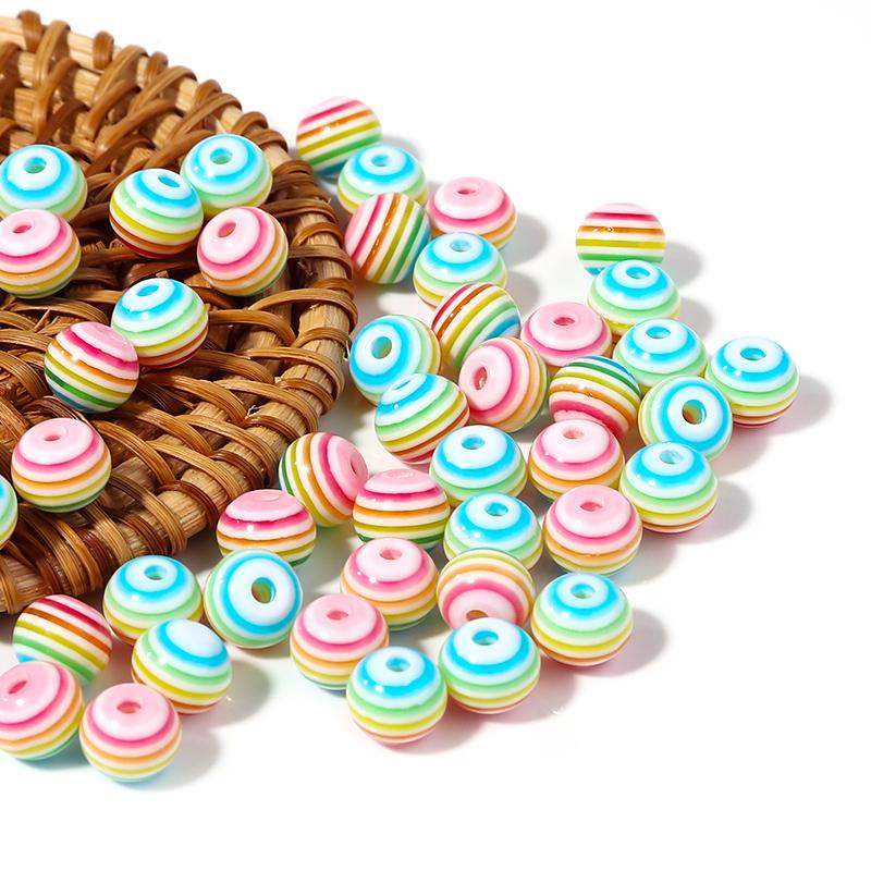 50pcs/Lot Resin Rainbow Beads Stripe Flat Round Loose Spacer Bead for DIY Bracelet Necklace Handmade Jewelry Accessories