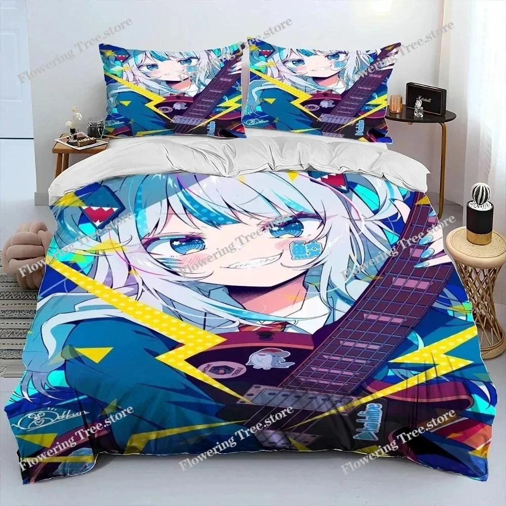 Cute Gawr Gura Hololive Anime Shark Comforter Bedding Set,Duvet Cover Bed Set Quilt Cover Pillowcase,king Queen Size Bedding New