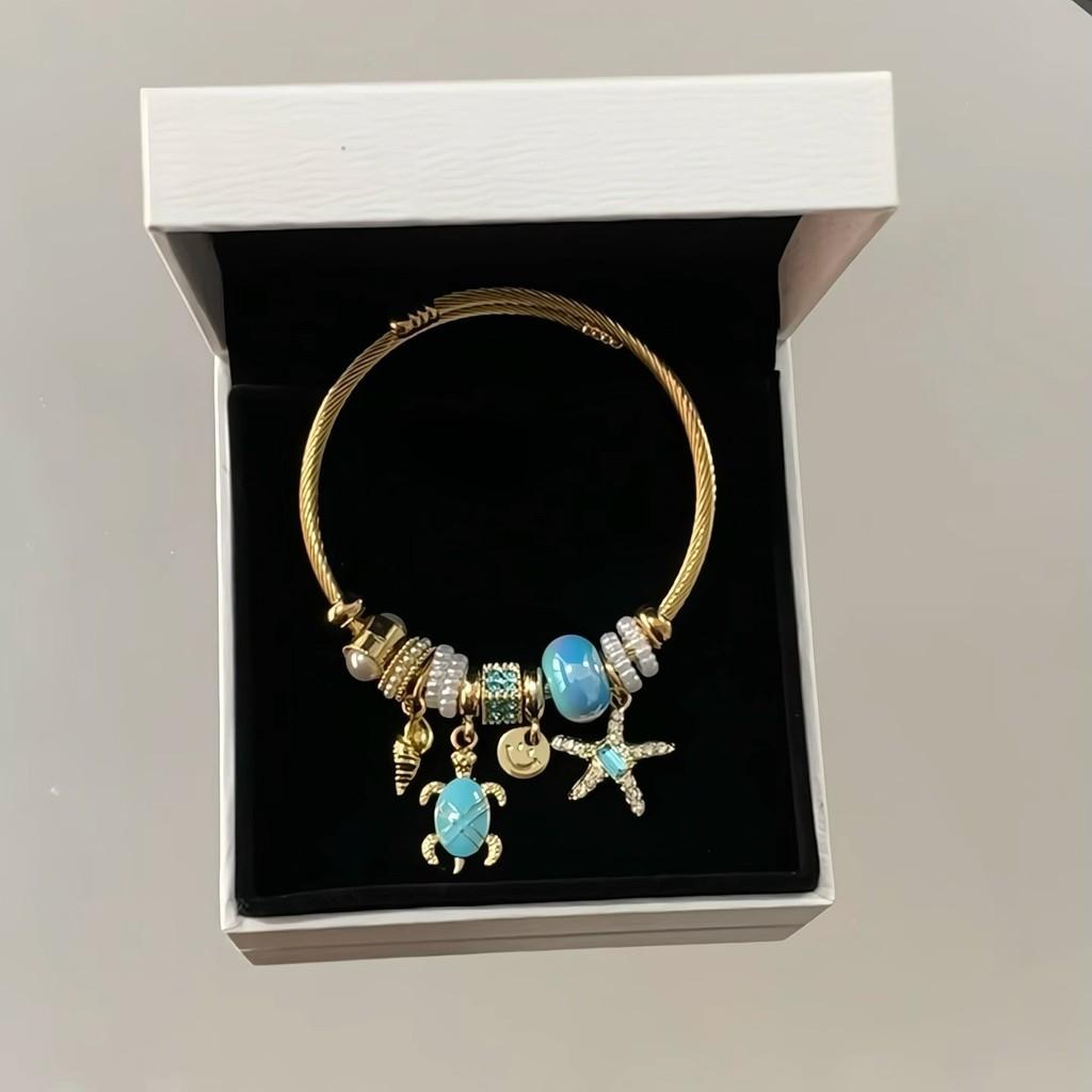 Ocean Vacation Style Stainless Steel Bracelet With Diamond Accents And Adjustable Turtle Charm For Women
