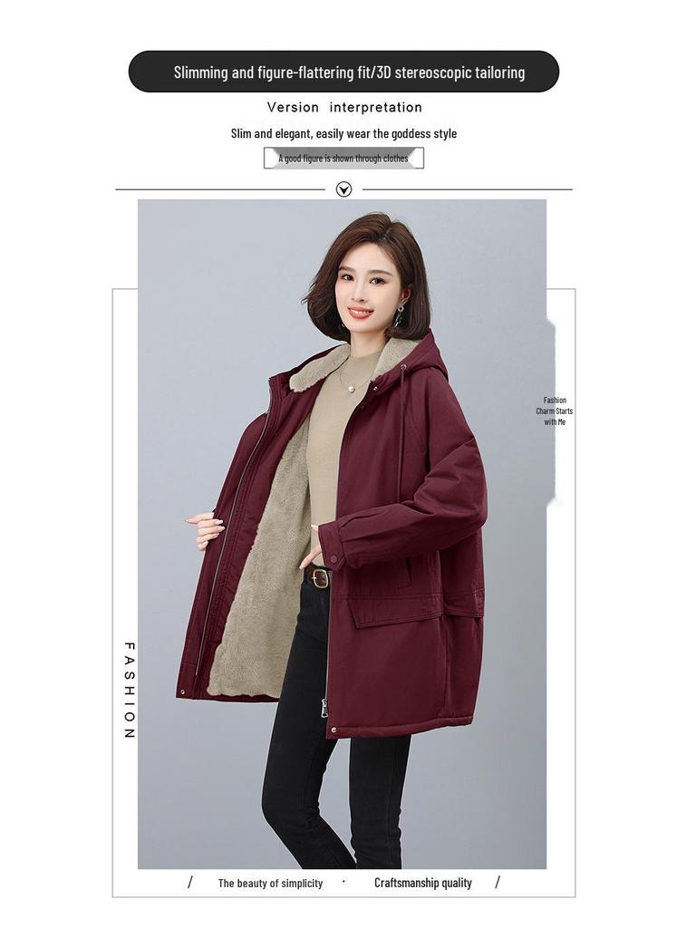 2024 Women's Plus Size Velvet Parka: Mid-Length, Loose Fit, Thickened Hooded Winter Coat for Middle-Aged Moms