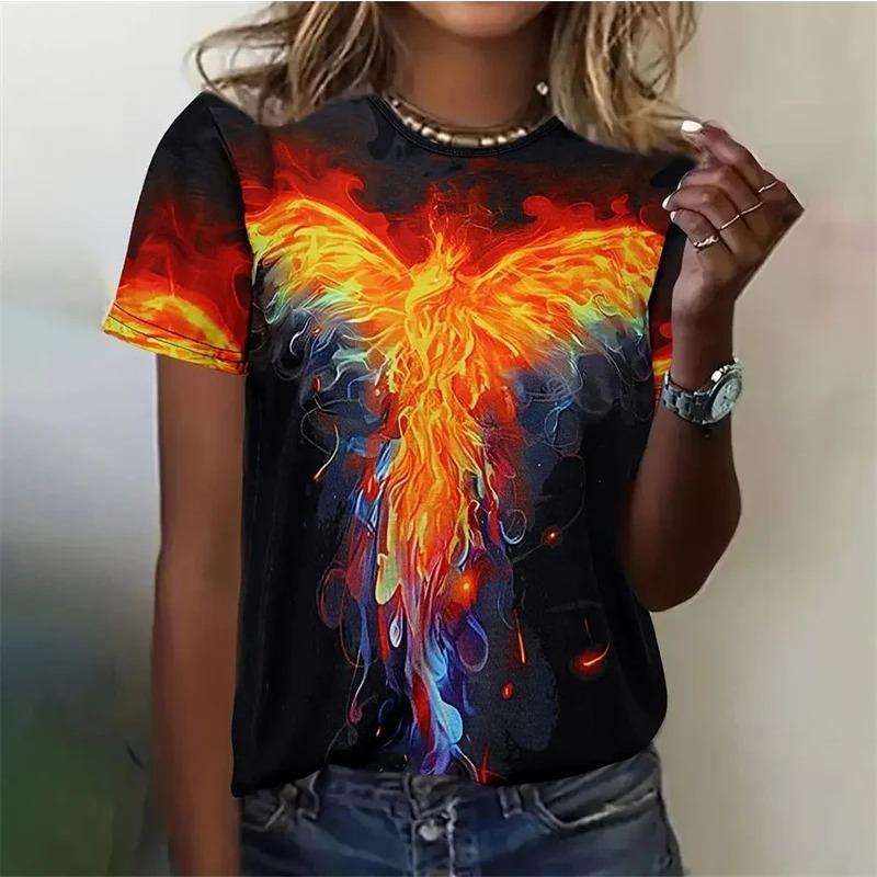 Phoenix Pattern T Shirt for Women Retro Gorgeous 3D Printed Short Sleeves Summer Leisure Tee Round Neck Tops T-Shirts Streetwear