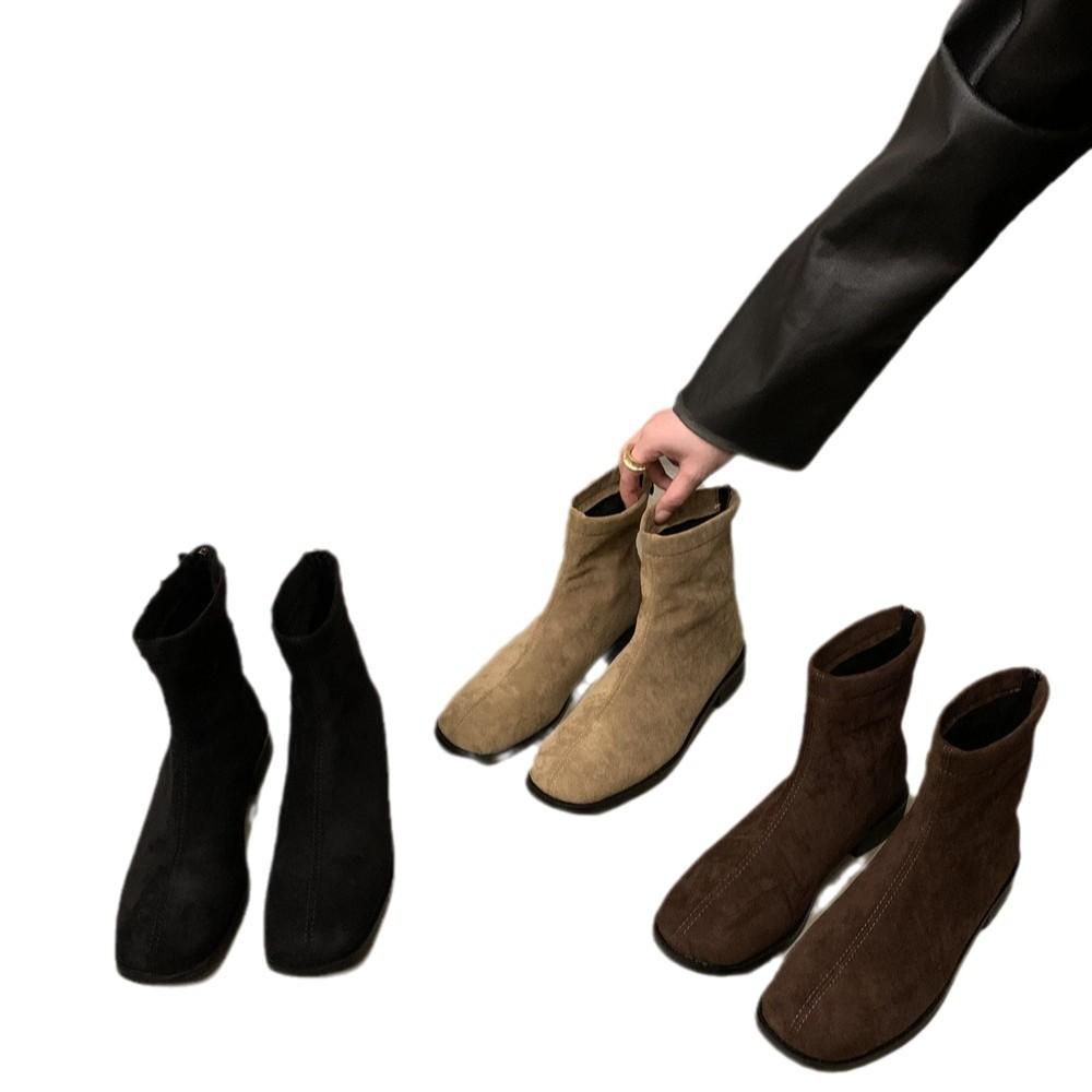 Bottines courtes décontractées pour femmes, bout carré, talon bas épais, bottines à fermeture éclair, bottines de marche Chelsea confortables en faux daim pour femmes