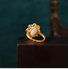 Ethnic Style Adjustable Rose Flower Ring with Gold-Plated Imitation Jade for Women