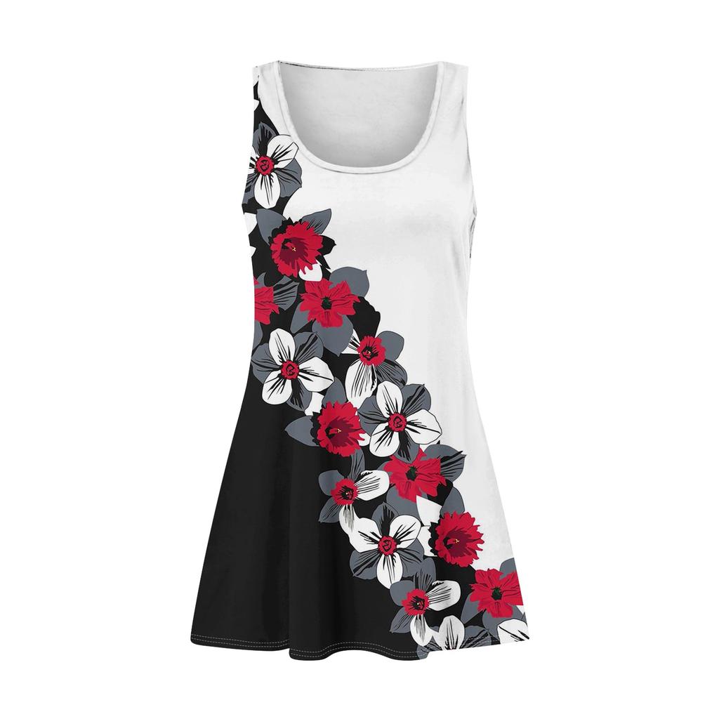 Damen Sommerkleid, lässig, quadratischer Ausschnitt, Blumendruck, ärmellos, mit Taschen