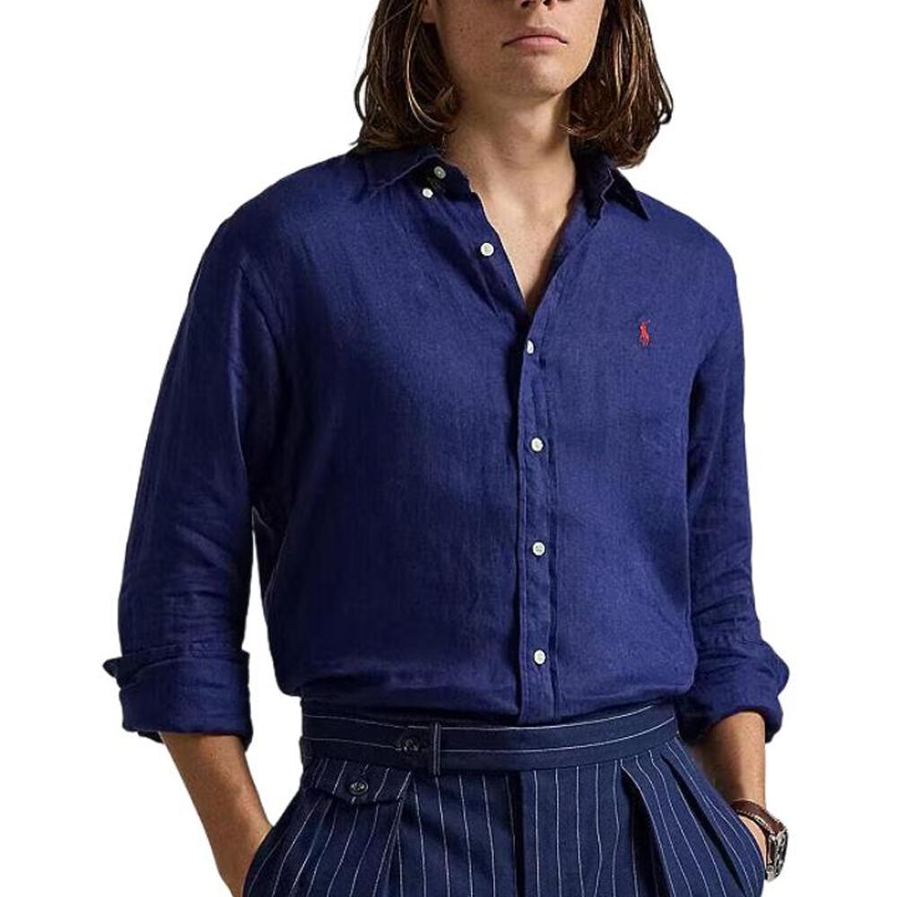 Polo Ralph Lauren Solid Color Long Sleeve Polo Collar Embroidered Single Breasted Shirt Classic Edition Men shirts Navy-Blue 710966292-501