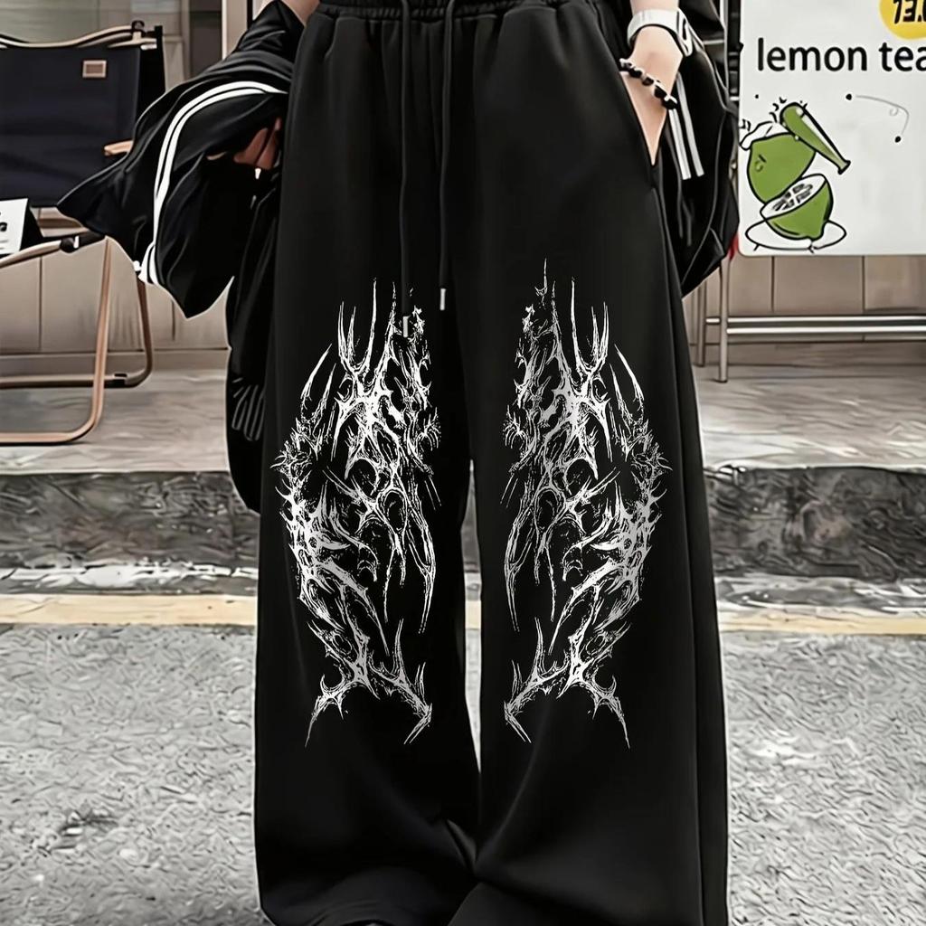 Womens Sweatpants Gothic Printed Loose High Waist Wide Leg Pants Unisex Sports Pants Autumn Casual Long Pants Outdoor Streetwear Unisex