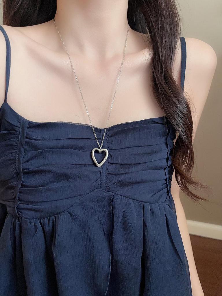 Korean Style Beaded Flower Heart Pendant Necklace - Double Layer, Stackable, Elegant Sweater Chain for Women