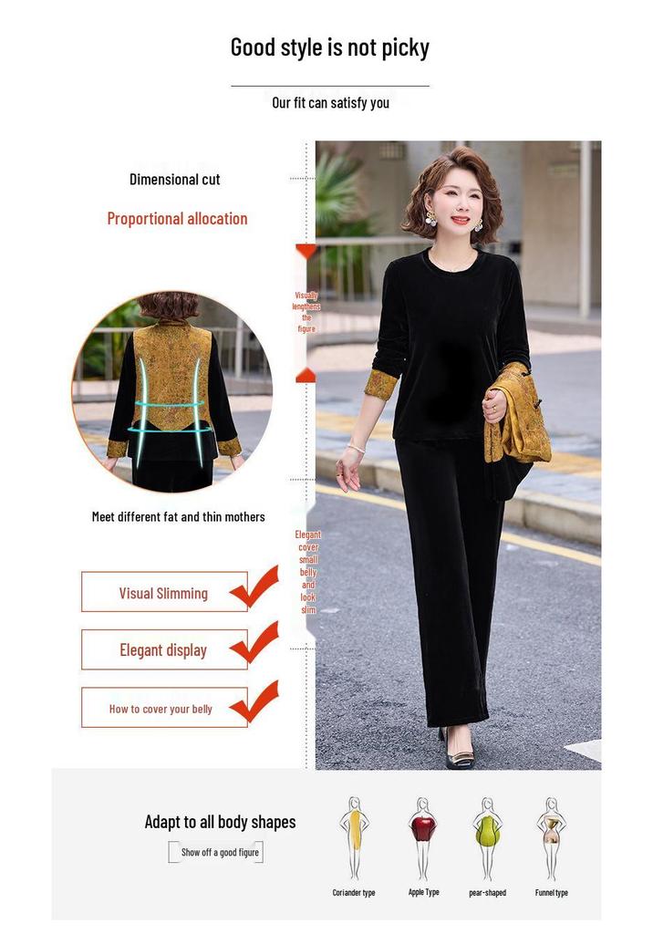 2026 New Chinese Style Gold Velvet Three-Piece Vest Suit for Middle-Aged and Elderly Women - Mom's Spring Outfit