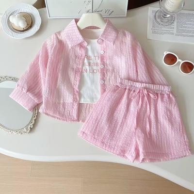 Summer New Korean Style Girls Insect-proof Sun Protection Clothing Long Sleeve Shorts Three Piece Set