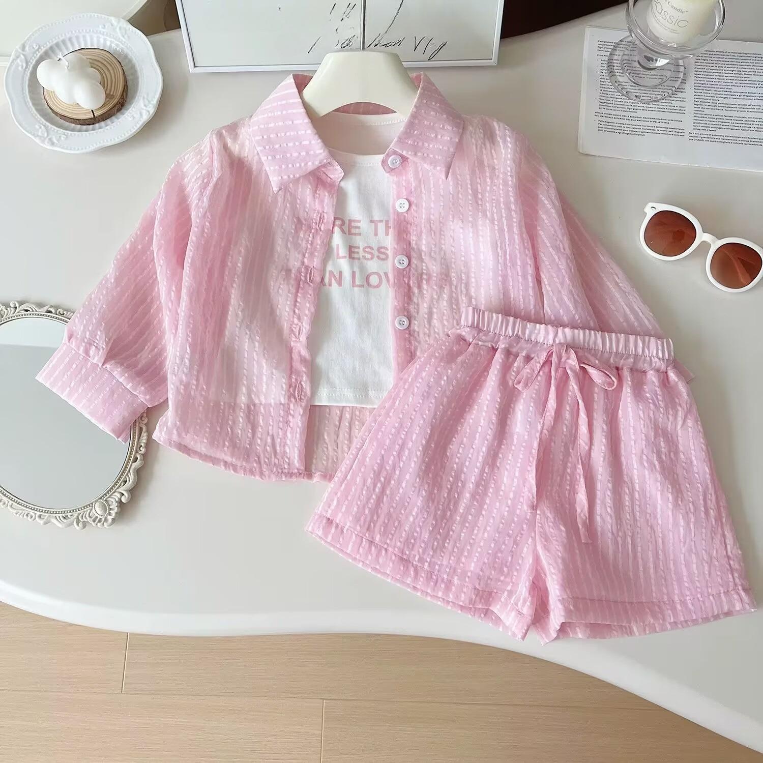 

Summer New Korean Style Girls Insect-proof Sun Protection Clothing Long Sleeve Shorts Three Piece Set 80cm рожевий