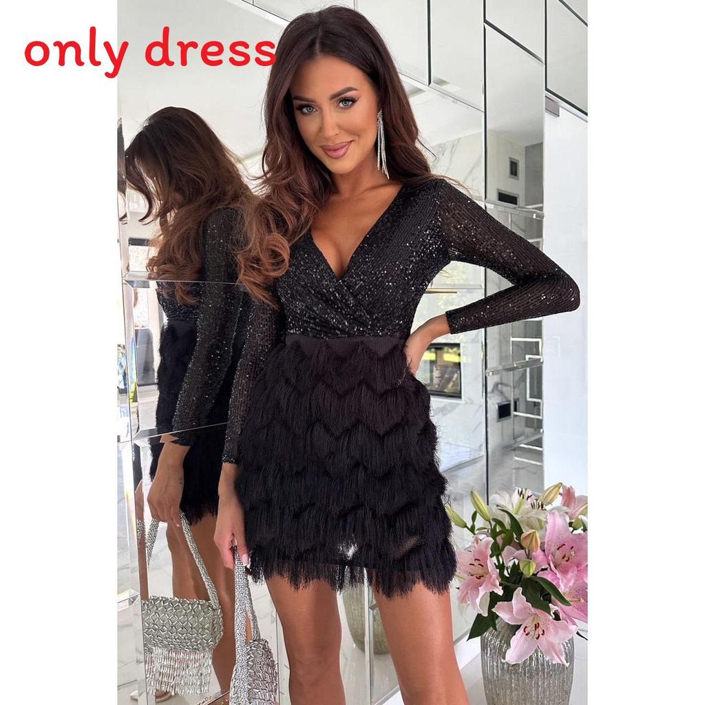 No Brand Readytowear Sparkling Sequin Dress With Long Sleeves For Casual Autumn Winter Fashion