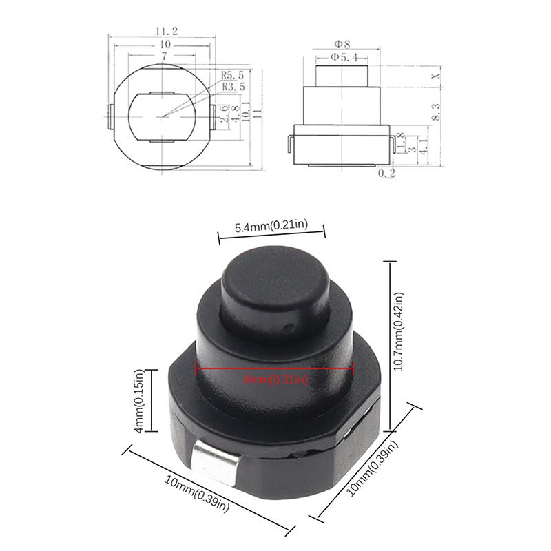 10Pcs Push Button Switch 10X11 250V 1A Flashlight Switch Black Round Lock Flashlight Button Switch On-Off