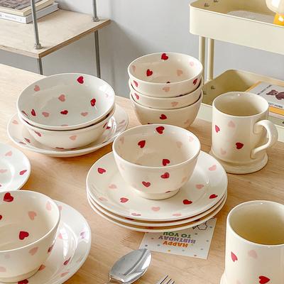 Cream Love Bowl Plate Simple Rice Salad Bowl Combination Series Underglaze Color High Temperature Resistant Ceramic Tableware
