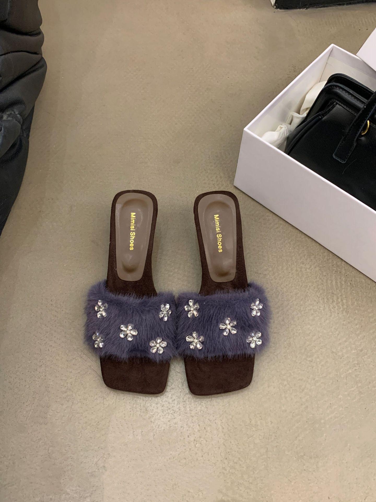 

C22-8~ Slope heel French rhinestone square head open-toed fluffy slippers women s shoes new 2025 39