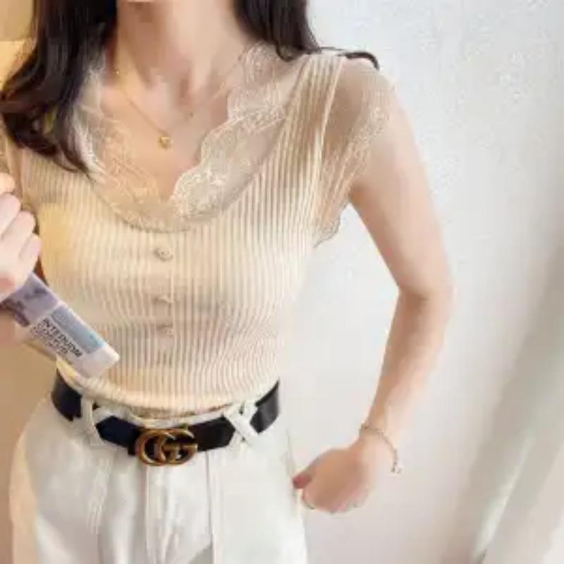 Women's Blue Ribbed Knit Tank Top Lace Trim V-Neck Slim Fit Casual Camisole