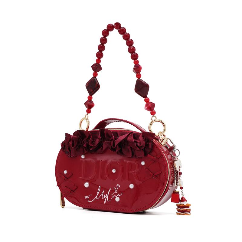 DIOR [Customized Cosmetic Bag] Leather Red Rose Dream Bath Bag Patent Leather Glossy Portable Exquisite Pearls