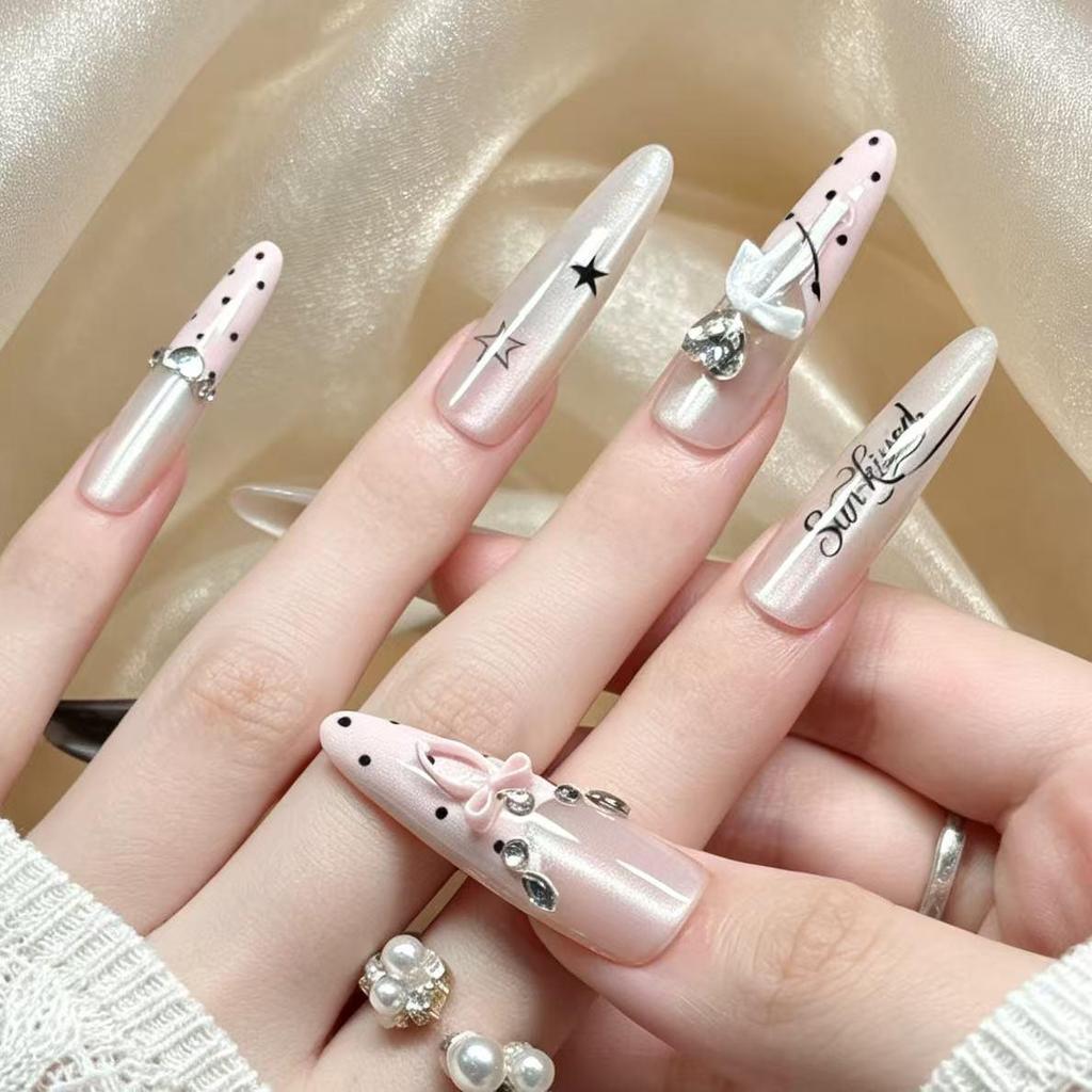 Black Pink Ballet Cool French Bow Nail Tips – New Super Sparkling, Skin-Whitening, Long-Style Nail Art