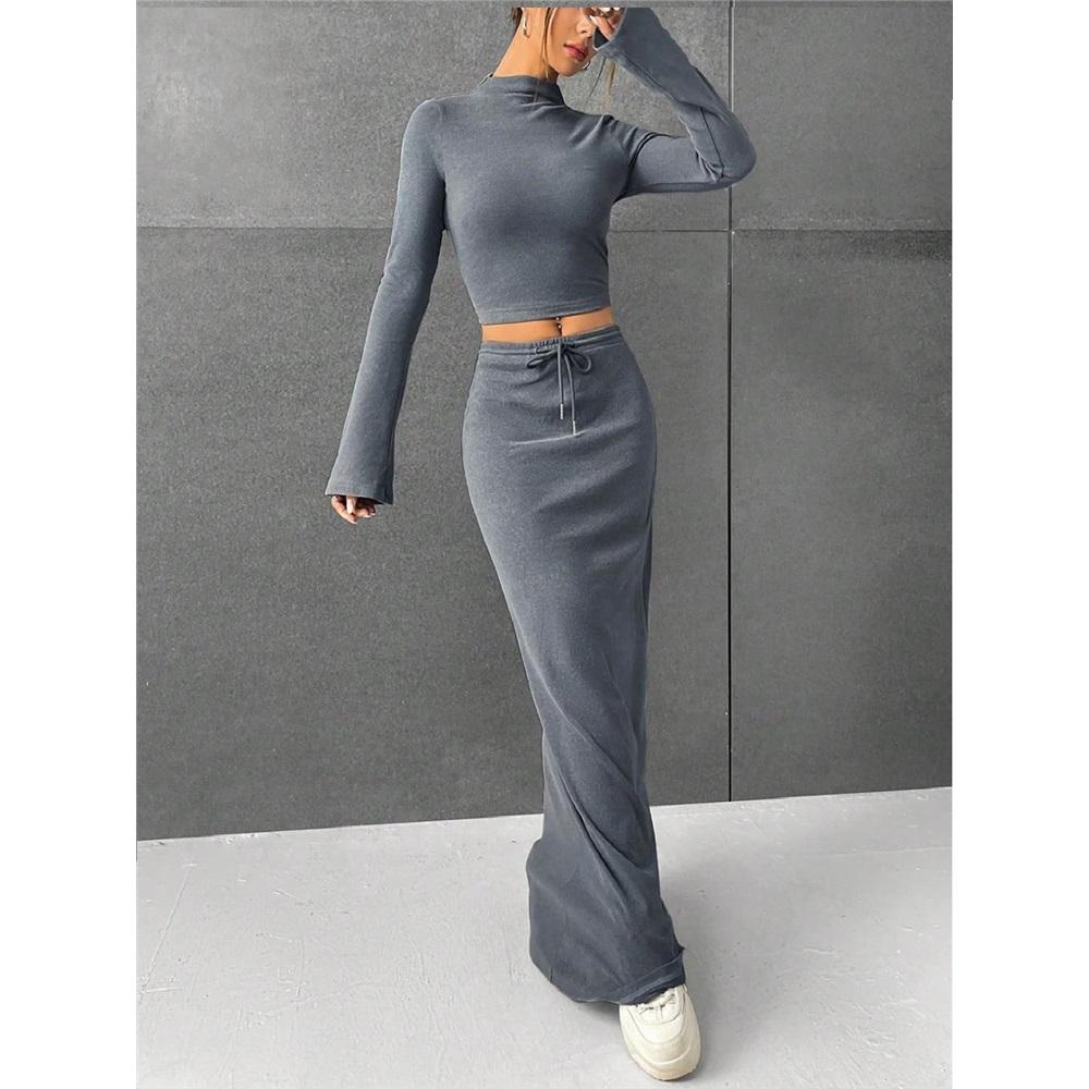 Women's skirt set solid color long sleeve round neck T-shirt long skirt two-piece set